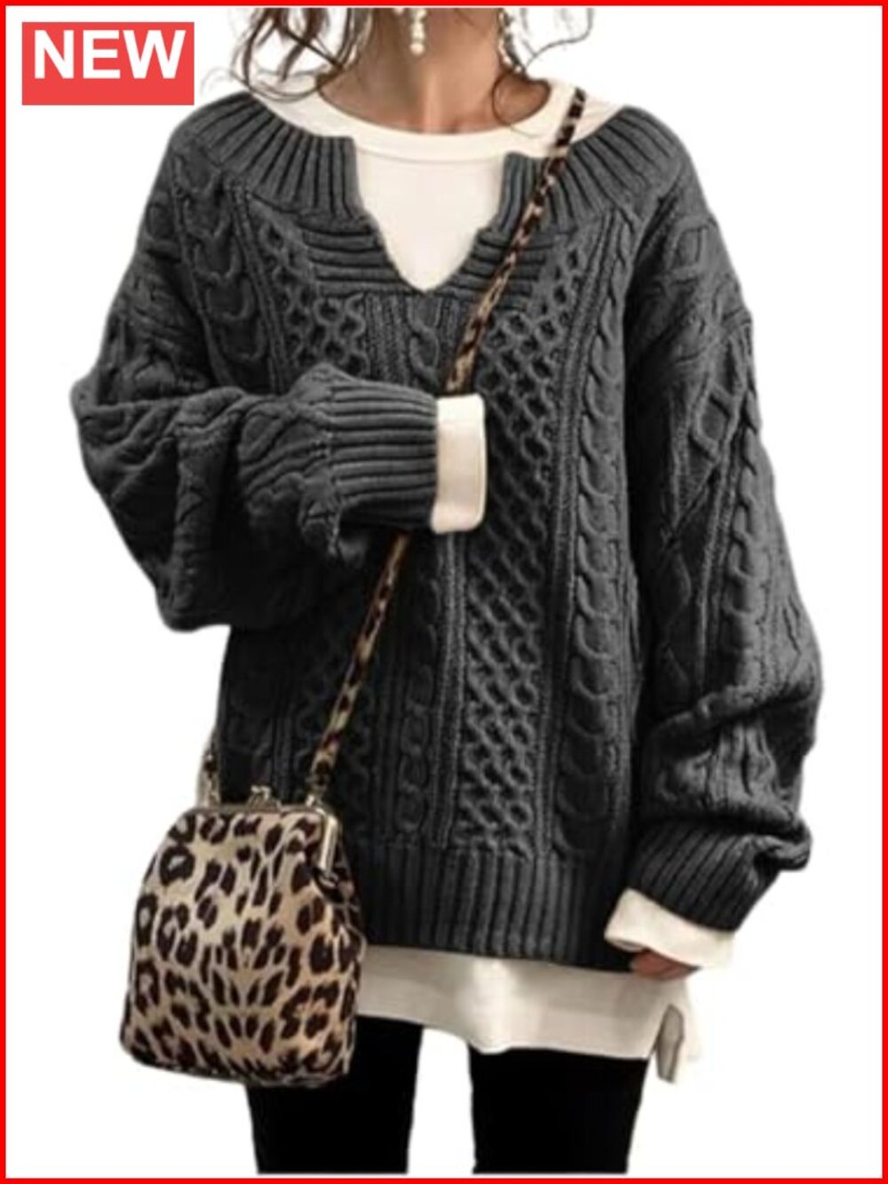 Womens Chunky Cable Knit V Neck Long Sleeve Loose Pullover Sweater